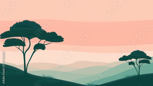 A flat vector illustration of two trees on the left side  with a pink sky and green hills in the background