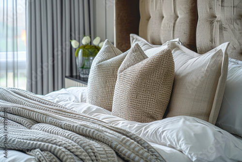 Close up bed with pillows in modern classic style bedroom.