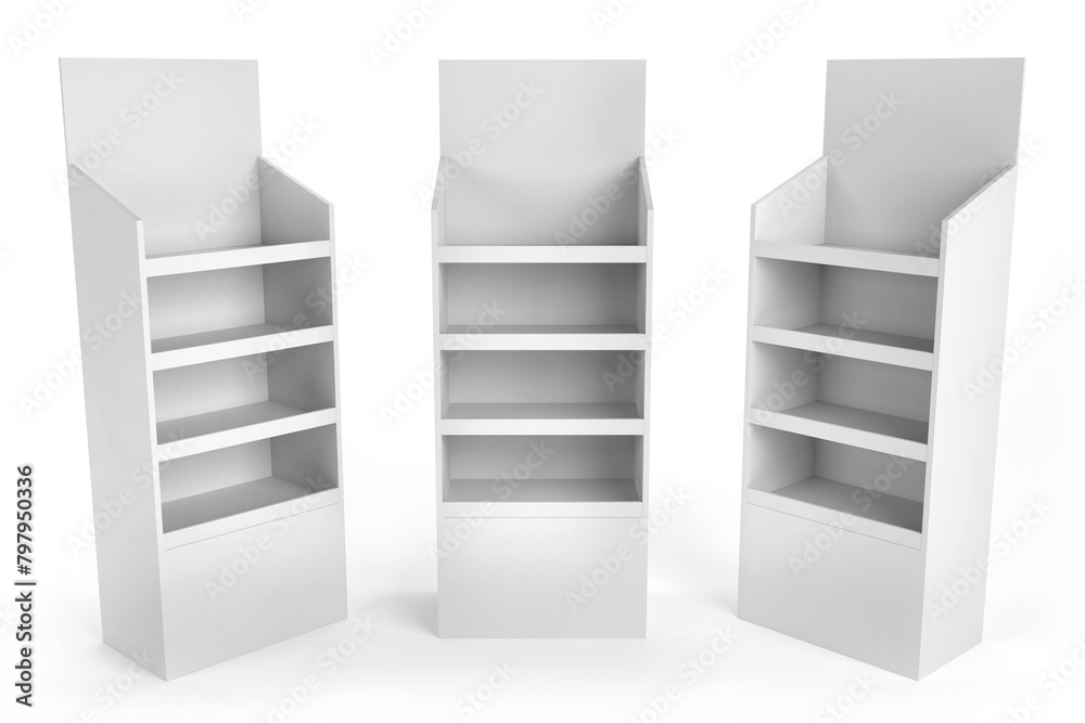 Supermarket Promotional Display Rack, Empty Product Display, PDQ Display Box With Three Different View, 3D Rendered Supermarket Promotional Display Rack, Empty Product Display, PDQ Display Box With Three Different View, 3D Rendered