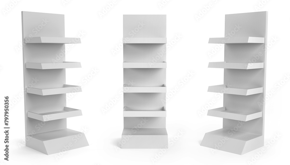 Supermarket Promotional Display Rack, Empty Product Display, PDQ Display Box With Three Different View, 3D Rendered Supermarket Promotional Display Rack, Empty Product Display, PDQ Display Box With Three Different View, 3D Rendered
