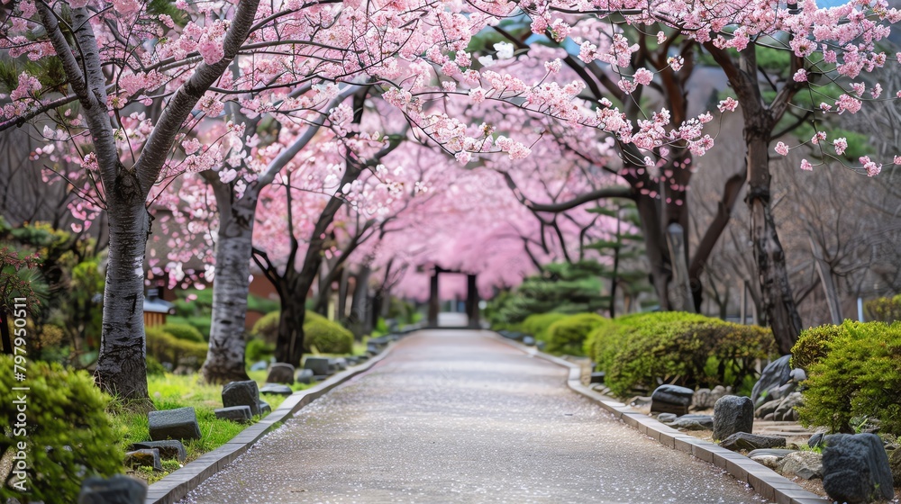 A serene path lined with cherry blossoms in full bloom, leading through a tranquil Japanese garden A serene path lined with cherry blossoms in full bloom, leading through a tranquil Japanese garden