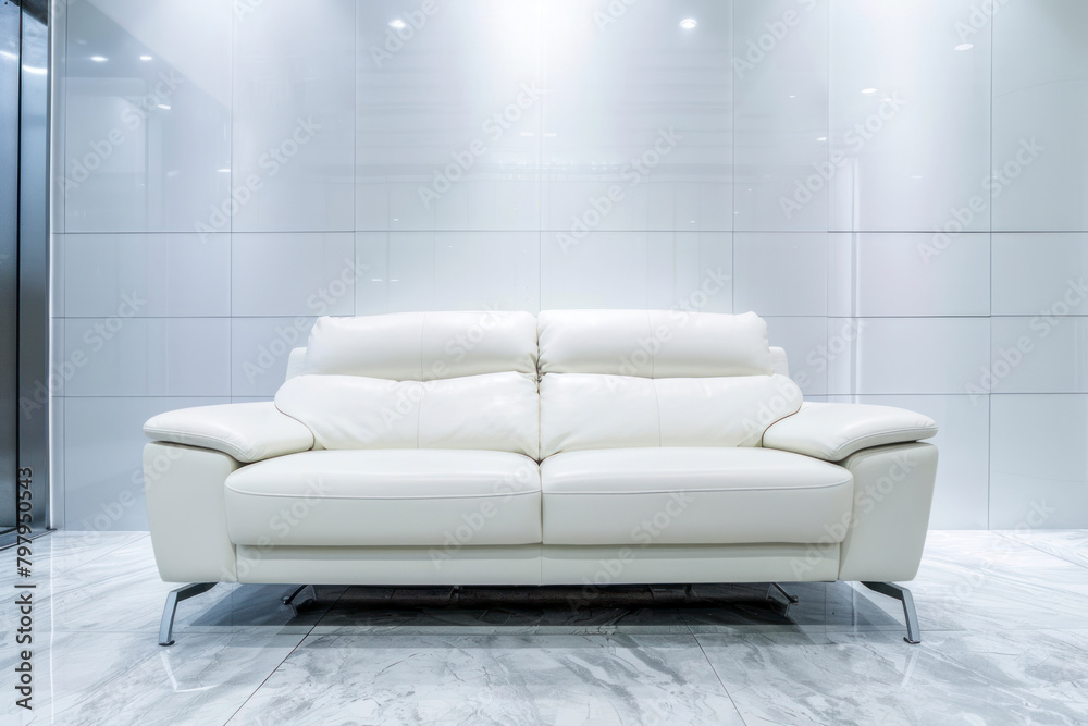 Big white leather sofa in empty space.
