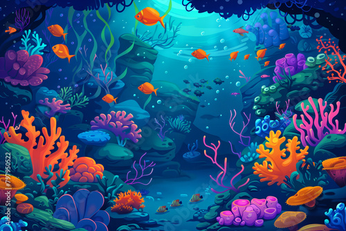 Colorful cartoon underwater background with sea creatures, coral reefs and ocean plants.