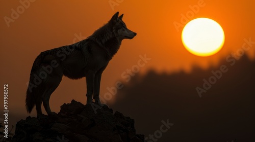 A lone wolf standing atop a rocky cliff, silhouetted against the setting sun, captured with hyper-detailed precision and dramatic lighting