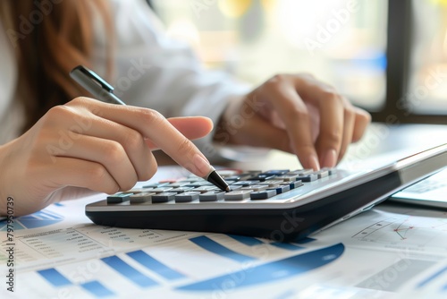 Female accountant using calculator and pen for business financial data calculation