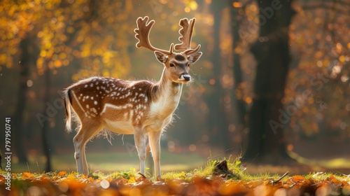 A majestic fallow deer standing tall in the forest, its antlers glistening under sunlight, with green grass and autumn leaves in the background photo