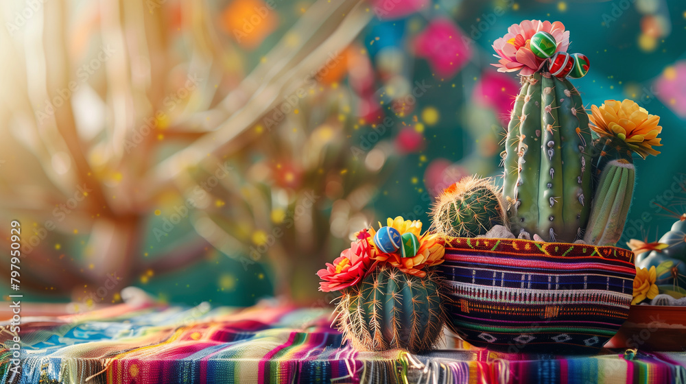 A festive scene featuring a collection of cacti adorned with bright ribbons and tiny maracas, positioned on a traditional Mexican serape cloth with festive decor elements in the ba