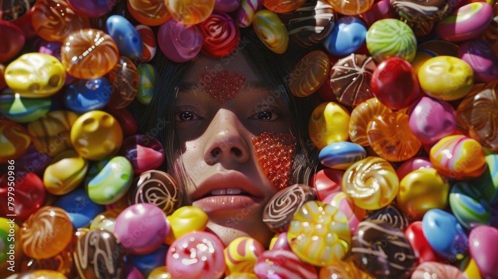 A mesmerizing composition showcasing an obscured face obscured by a delightful assortment of candy and bonbons