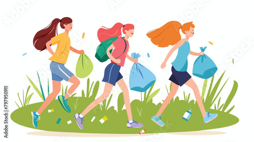 Cheerful women picking up trash while walking or Jogg