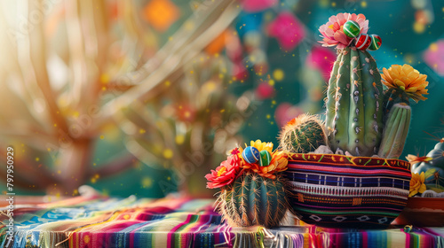 A festive scene featuring a collection of cacti adorned with bright ribbons and tiny maracas, positioned on a traditional Mexican serape cloth with festive decor elements in the ba © Катерина Євтехова