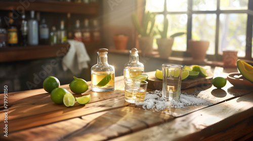 A sophisticated display of different aged tequila bottles, shot glasses, and fresh limes, arranged on a wooden bar top with salt scattered around, inviting a celebratory toast. , n photo