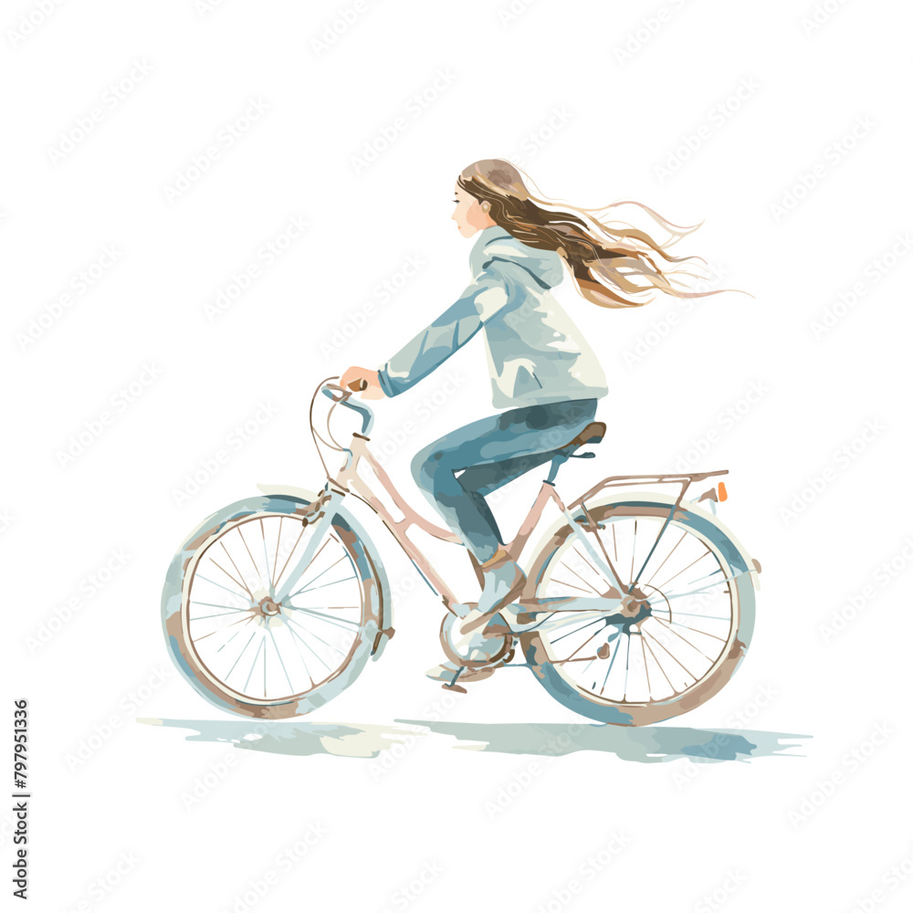 Obraz premium Watercolor illustration of a beautiful girl riding a bicycle, vector