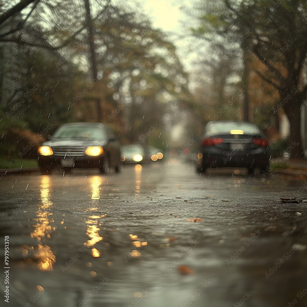 Fototapeta premium Suburban street viewed through rainy windshield