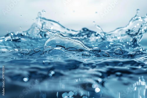 Transparent blue water surface texture with ripples, splashes, and bubbles, top view