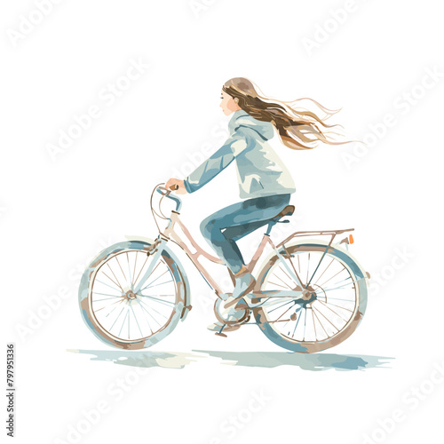 Watercolor illustration of a beautiful girl riding a bicycle, vector
