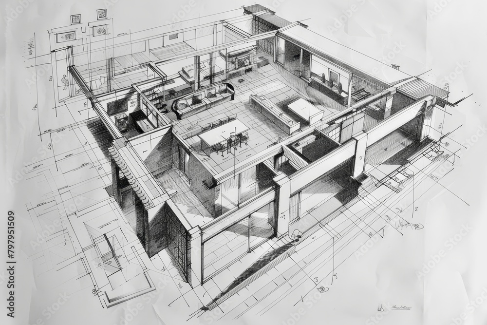 Fototapeta premium Architectural drawing of a modern designer house with detailed floor plan available for purchase