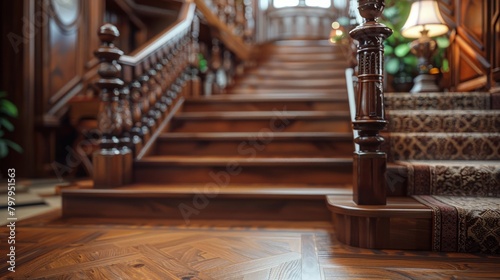 Elegant wooden staircase with intricate balusters in a classical home interior.