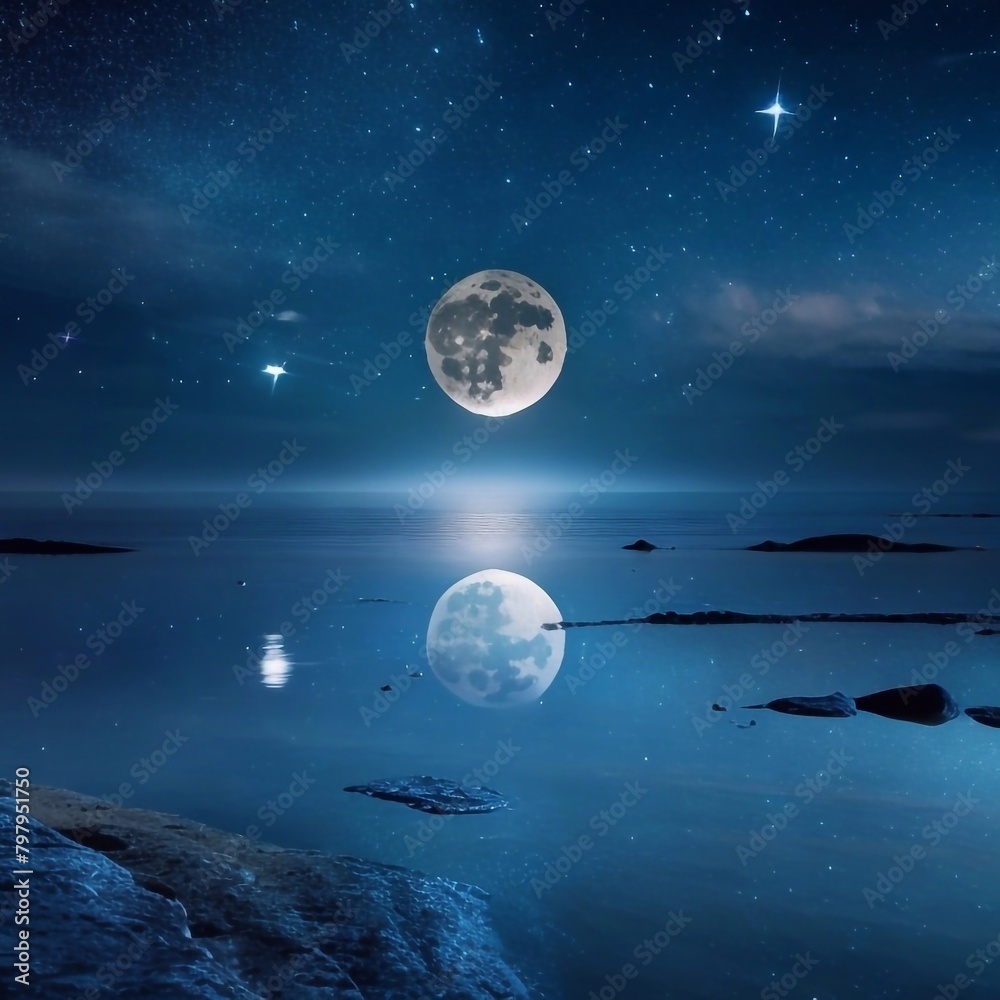 Landscape picture night sea The full moon reflects on the water surface. Landscape picture night sea The full moon reflects on the water surface.