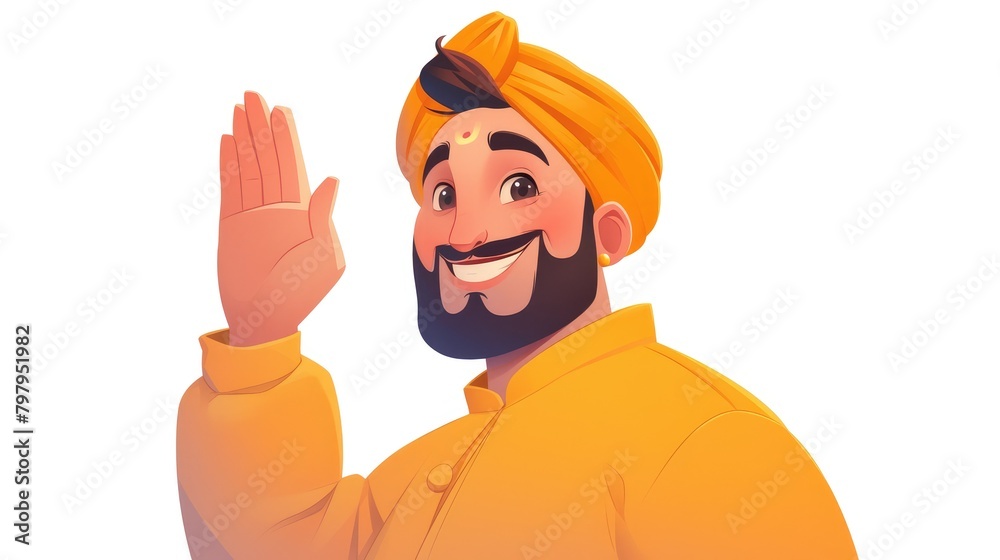 A vibrant 2d cartoon illustration captures a cheerful Punjabi man waving hello set against a stark white background A vibrant 2d cartoon illustration captures a cheerful Punjabi man waving hello set against a stark white background