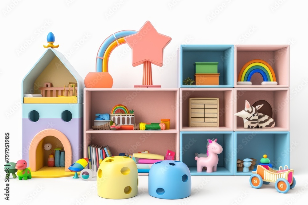 Modern childrens furniture and toys for sale, 3d rendered on white background with no shadow
