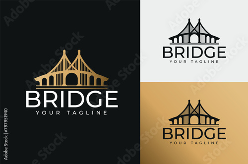 Illustration of the Golden Gate Bridge. San Francisco icon symbol on black background with white and gold © Ahmad