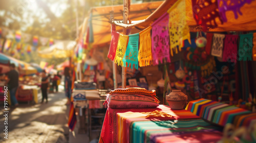 A local craft market celebrating Cinco de Mayo, with stalls displaying handmade goods, traditional fabrics, and colorful crafts under the warm afternoon sun. , natural light, soft © Катерина Євтехова