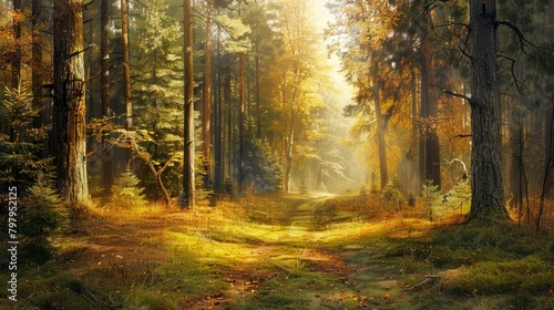 A path leading through the forest  bathed in golden sunlight filtering through tall trees