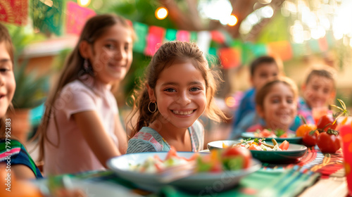 A family enjoys a festive meal outdoors, decorated with Mexican flags and lanterns, children play in the background, slightly blurred to focus on the joyous faces. , natural light,