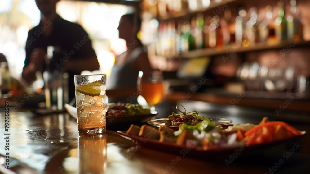 Patrons enjoy a variety of tequila and tapas at a bar, with the bartender in the background preparing drinks, focus on the foreground interactions. , natural light, soft shadows, b
