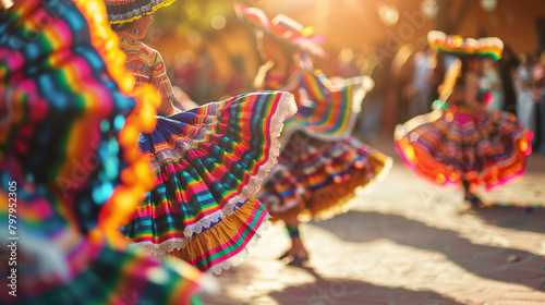 Dancers in folkloric costumes perform a traditional Mexican dance, focus sharp on the colorful costumes and joyful expressions, with audience members blurred in the background. , n photo