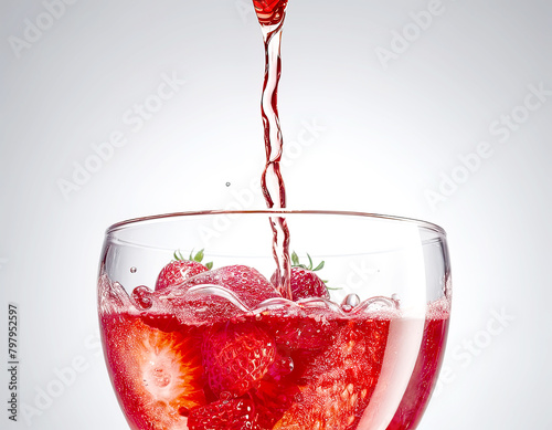 Glass of strawberry juice outdoors
