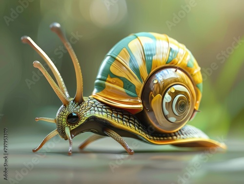 Colorful snail with legs explores garden with intricate patterns.