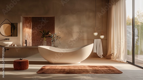 a large white bath tub sitting on top of a bathroom floor next to a window