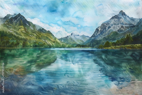 The works in the style of watercolor painting. Mountain lake between by mountains .