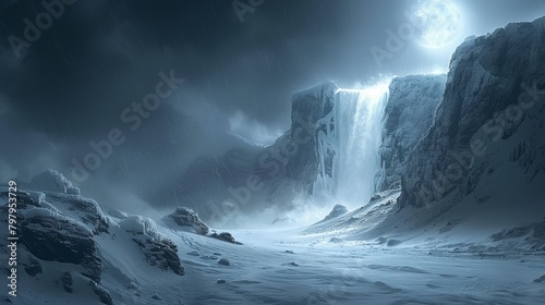 a mountain scene with a waterfall in the distance and a dark sky above it