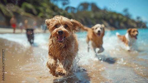 Four dogs are running and splashing in the water at the beach on a sunny day.