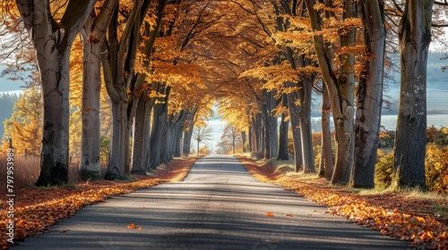 A road lined with trees in full autumn colors, leading to the horizon. The leaves on these trees show various shades of orange and yellow, © PicTCoral
