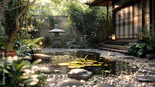 a garden with a pond and a lot of plants and rocks in it and a lantern hanging above it