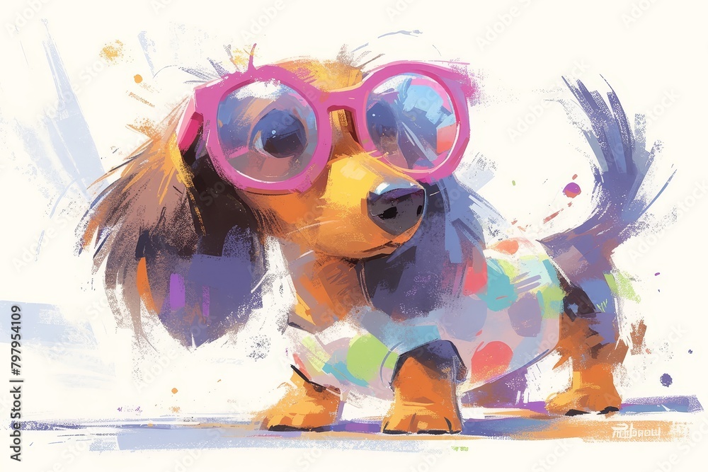 Fototapeta premium Cute happy Dachshund dog wearing glasses, vector illustration in the style of a watercolor painting with splashes and dots on a white background