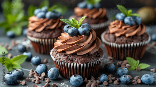 Three indulgent chocolate cupcakes topped with fluffy whipped cream and adorned with plump blueberries, a delightful fusion of flavors and textures photo