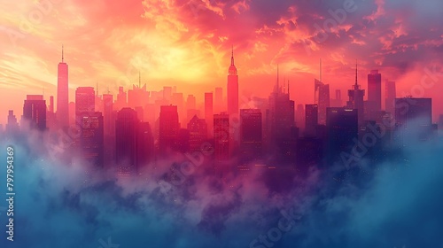 Sunset Embrace over Fog-Enshrouded City Skyline