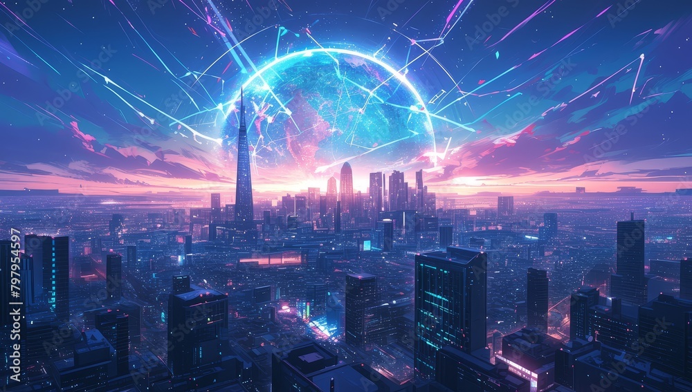 Naklejka premium Digital background featuring purple and blue neon lights, a futuristic cityscape, and glowing light rays on the ground for an energetic gaming backdrop.