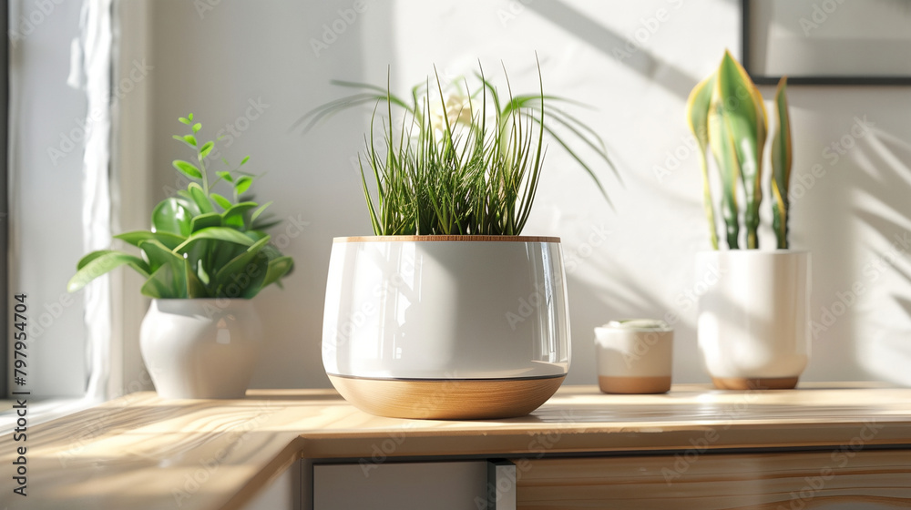 three plants are sitting on a table in a room with sunlight coming in through the window three plants are sitting on a table in a room with sunlight coming in through the window