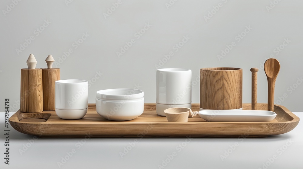 a wooden tray with white dishes and wooden spoons a wooden tray with white dishes and wooden spoons