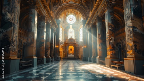 a church with a large clock on the wall and a checkered floor and a large window in the center..