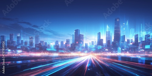 Futuristic cityscape at night with light trails, symbolizing the speed and innovation of digital marketing. Vibrant lights in blue and red, creating dynamic streaks on urban streets