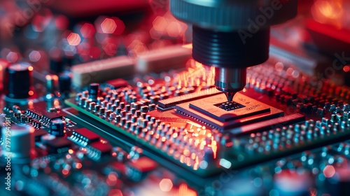 a close up of a computer chip being worked on by a machine operator with a large metal tool in the middle of the chip..