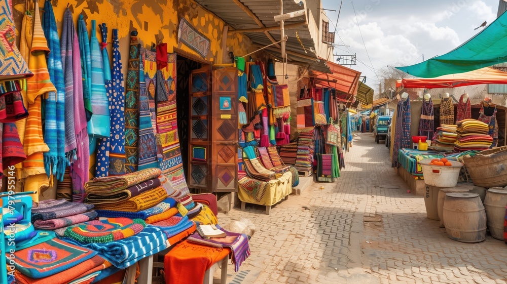 African market scene with colorful textiles.