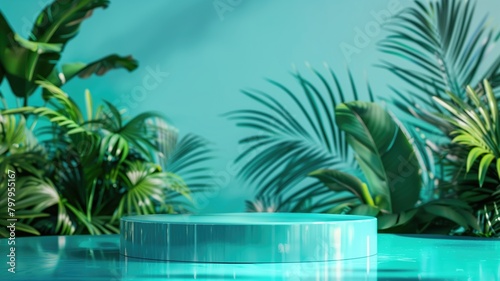 Turquoise podium with a reflective surface.