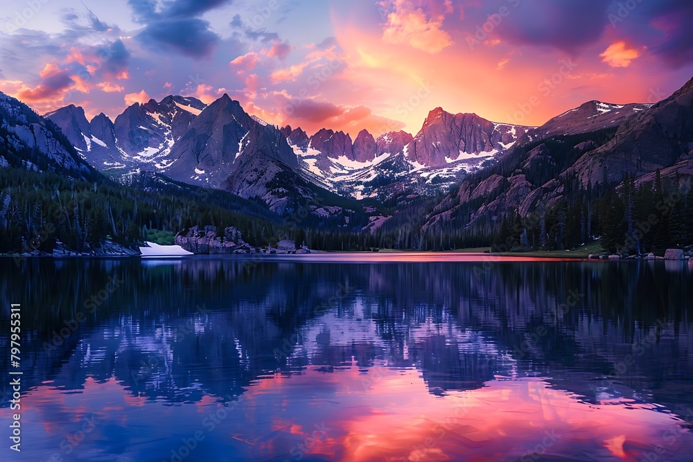 Tranquil mountain lake reflecting the vibrant colors of a fiery sunset, with snow-capped peaks majestically framing the scene in a landscape photograph.